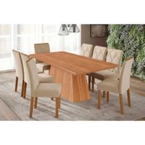 Conjunto: Mesa Sala Jantar Helena Tampo Madeirado 210x100cm e 8 Cadeiras Fernanda Cinamomo - Carvalho/Suede Nude Bege - Cimol