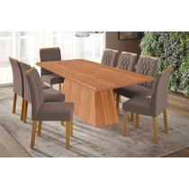 Conjunto: Mesa Sala Jantar Helena Tampo Madeirado 210x100cm e 8 Cadeiras Juliana Cinamomo - Carvalho/Suede Joli Capuccino Cimol