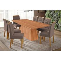 Conjunto: Mesa Sala Jantar Helena Tampo Madeirado 210x100cm e 8 Cadeiras Juliana Cinamomo - Carvalho/Suede Joli Capuccino - Cimol