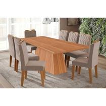 Conjunto: Mesa Sala Jantar Helena Tampo Madeirado 210x100cm e 8 Cadeiras Paola Cinamomo - Carvalho/Linho Bege Cimol