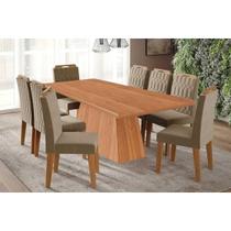 Conjunto: Mesa Sala Jantar Helena Tampo Madeirado 210x100cm e 8 Cadeiras Paola Cinamomo - Carvalho/Suede Joli Capuccino Cimol