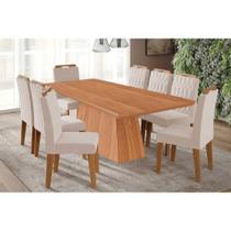 Conjunto: Mesa Sala Jantar Helena Tampo Madeirado 210x100cm e 8 Cadeiras Paola Cinamomo - Carvalho/Suede Nude Bege - Cimol