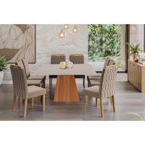 Conjunto: Mesa Sala Jantar Helena Tampo Madeirado c/ Vidro 210x100cm e 8 Cadeiras Paola Cinamomo/Off White - Carvalho/Suede Joli Capuccino Cimol