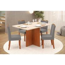 Conjunto: Mesa Sala Jantar Hera c/ Tampo Madeirado c/ Vidro Reto 120x90cm e 4 Cadeiras Julia Freijo/Off White - Suede Lunar - DJ Móveis