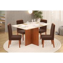 Conjunto: Mesa Sala Jantar Hera c/ Tampo Madeirado c/ Vidro Reto 120x90cm e 4 Cadeiras Lia Freijo/Off White - Suede Moca - DJ Móveis