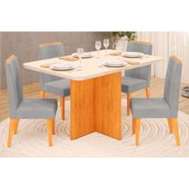 Conjunto: Mesa Sala Jantar Hera Tampo Madeirado c/ Vidro Reto 120x90cm e 4 Cadeiras Lia Cedro/Off White - Suede Lunar - DJ Móveis