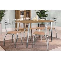 Conjunto: Mesa Sala Jantar Iguaçu c/ Tampo de Madeira 1.60cm + 6 Cadeiras Portugal Cromada/Capuccino Kappesberg Conjunto: Mesa Sala Jantar Iguaçu c/ Tampo de Madeira 1.60cm + 6 Cadeiras Portugal Cromada/Capuccino Kappesberg