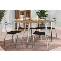 Conjunto: Mesa Sala Jantar Iguaçu c/ Tampo de Madeira 1.60cm + 6 Cadeiras Portugal Cromada - Courano Preto - Kappesberg Conjunto: Mesa Sala Jantar Iguaçu c/ Tampo de Madeira 1.60cm + 6 Cadeiras Portugal Cromada - Courano Preto - Kappesberg