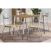 Conjunto: Mesa Sala Jantar Iguaçu c/ Tampo de Madeira 136cm e 4 Cadeiras Portugal Cromada/Nogueira - Courano Bege - Kappesberg