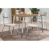 Conjunto: Mesa Sala Jantar Iguaçu c/ Tampo de Madeira 136cm e 4 Cadeiras Portugal Cromada/Nogueira - Courano Branco - Kappesberg