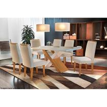 Conjunto: Mesa Sala Jantar Imperatriz c/ Tampo Madeirado c/ Vidro Canto Reto 180cm + 6 Cadeiras Lunara Imbuia/OW/Creme - Rufato Conjunto: Mesa Sala Jantar Imperatriz c/ Tampo Madeirado c/ Vidro Canto Reto 180cm + 6 Cadeiras Lunara Imbuia/OW/Creme - Rufato