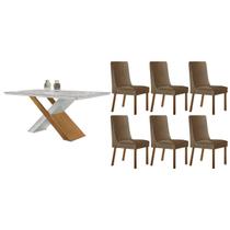 Conjunto: Mesa Sala Jantar Imperatriz Curvo 180cm + 6 Cadeiras Dakota Naturale/Off White - Suede Capuccino - Rufato