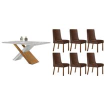 Conjunto: Mesa Sala Jantar Imperatriz Curvo 180cm + 6 Cadeiras Dakota Naturale/Off White - Suede Marrom - Rufato Conjunto: Mesa Sala Jantar Imperatriz Curvo 180cm + 6 Cadeiras Dakota Naturale/Off White - Suede Marrom - Rufato
