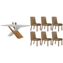 Conjunto: Mesa Sala Jantar Imperatriz Tampo c/ Vidro Curvo 180cm+6 Cadeiras Dakota Madeira Naturale/Off White - Capuccino/Linho Bege - Rufato