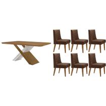 Conjunto: Mesa Sala Jantar Imperatriz Tampo Curvo 180cm+6 Cadeiras Dafne Madeira Naturale/Off White - Capuccino/Suede Marrom - Rufato Conjunto: Mesa Sala Jantar Imperatriz Tampo Curvo 180cm+6 Cadeiras Dafne Madeira Naturale/Off White - Capuccino/Suede Marrom - Rufato