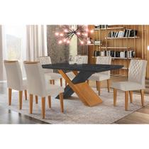 Conjunto: Mesa Sala Jantar Imperatriz Tampo Madeirado c/ Vidro Canto Curvo 180x90 e 6 Cadeiras Jade Imbuia/Grafite - Suede Creme - Rufato