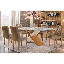 Conjunto: Mesa Sala Jantar Imperatriz Tampo Madeirado c/ Vidro Canto Curvo 180x90 e 6 Cadeiras Jade Imbuia/Off White - Suede Capuccino - Rufato Conjunto: Mesa Sala Jantar Imperatriz Tampo Madeirado c/ Vidro Canto Curvo 180x90 e 6 Cadeiras Jade Imbuia/Off White - Suede Capuccino - Rufato