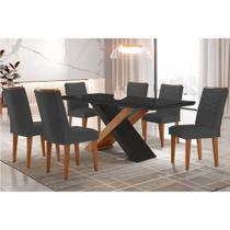 Conjunto: Mesa Sala Jantar Imperatriz Tampo Madeirado c/ Vidro Canto Curvo 180x90 e 6 Cadeiras Londrina Imbuia/Grafite - Linho Grafite - Rufato Conjunto: Mesa Sala Jantar Imperatriz Tampo Madeirado c/ Vidro Canto Curvo 180x90 e 6 Cadeiras Londrina Imbuia/Grafite - Linho Grafite - Rufato