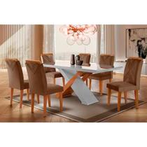 Conjunto: Mesa Sala Jantar Imperatriz Tampo Madeirado c/ Vidro Curvo 180x90 e 6 Cadeiras Amsterdã Imbuia/Suede Capuccino - Rufato Conjunto: Mesa Sala Jantar Imperatriz Tampo Madeirado c/ Vidro Curvo 180x90 e 6 Cadeiras Amsterdã Imbuia/Suede Capuccino - Rufato