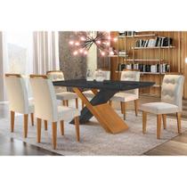 Conjunto: Mesa Sala Jantar Imperatriz Tampo Madeirado c/ Vidro Curvo 180x90 e 6 Cadeiras Imperatriz Imbuia/Grafite - Suede Creme - Rufato Conjunto: Mesa Sala Jantar Imperatriz Tampo Madeirado c/ Vidro Curvo 180x90 e 6 Cadeiras Imperatriz Imbuia/Grafite - Suede Creme - Rufato