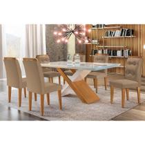 Conjunto: Mesa Sala Jantar Imperatriz Tampo Madeirado c/ Vidro Curvo 180x90 e 6 Cadeiras Imperatriz Imbuia/Off White - Suede Capuccino - Rufato