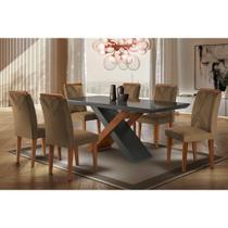 Conjunto: Mesa Sala Jantar Imperatriz Tampo Madeirado c/ Vidro Reto 180x90 e 6 Cadeiras Amsterdã Imbuia/Grafite - Suede Capuccino - Rufato Conjunto: Mesa Sala Jantar Imperatriz Tampo Madeirado c/ Vidro Reto 180x90 e 6 Cadeiras Amsterdã Imbuia/Grafite - Suede Capuccino - Rufato