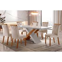 Conjunto: Mesa Sala Jantar Imperatriz Tampo Madeirado c/ Vidro Reto 180x90 e 6 Cadeiras Amsterdã Imbuia/Off White - Suede Creme - Rufato
