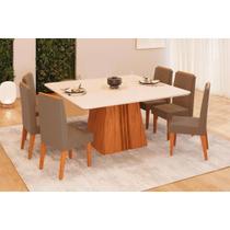Conjunto: Mesa Sala Jantar Itália c/ Tampo Madeirado c/ Vidro Curvo 136x136cm e 6 Cadeiras Lia Freijo/Off White - Linho Bege - DJ Móveis