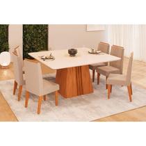 Conjunto: Mesa Sala Jantar Itália c/ Tampo Madeirado c/ Vidro Curvo 136x136cm e 6 Cadeiras Lia Freijo/Off White - Suede Kraft - DJ Móveis