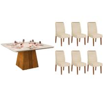 Conjunto: Mesa Sala Jantar Itália c/ Tampo Madeirado c/ Vidro Curvo 136x136cm e 6 Cadeiras Ondina Freijo/Off White - Linho Neve - DJ Móveis