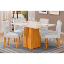 Conjunto: Mesa Sala Jantar Italia Tampo Madeirado c/ Vidro 120x90cm e 4 Cadeiras Julia Cedro/Off White - Linho Neve - DJ Móveis