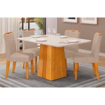 Conjunto: Mesa Sala Jantar Italia Tampo Madeirado c/ Vidro 120x90cm e 4 Cadeiras Julia Cedro/Off White - Suede Kraft - DJ Móveis