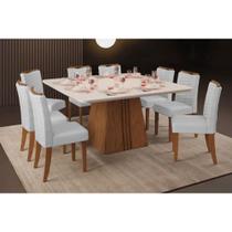 Conjunto: Mesa Sala Jantar Itália Tampo Madeirado c/ Vidro Curvo 136x136cm e 8 Cadeiras Julia Freijo/Off White - Linho Neve - DJ Móveis Conjunto: Mesa Sala Jantar Itália Tampo Madeirado c/ Vidro Curvo 136x136cm e 8 Cadeiras Julia Freijo/Off White - Linho Neve - DJ Móveis
