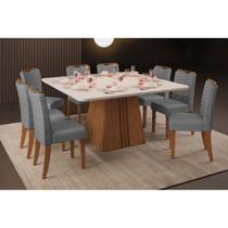 Conjunto: Mesa Sala Jantar Itália Tampo Madeirado c/ Vidro Curvo 136x136cm e 8 Cadeiras Julia Freijo/Off White - Suede Lunar - DJ Móveis