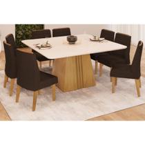 Conjunto: Mesa Sala Jantar Itália Tampo Madeirado c/ Vidro Curvo 136x136cm e 8 Cadeiras Ondina Cedro/Off White - Suede Moca - DJ Móveis