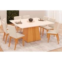 Conjunto: Mesa Sala Jantar Itália Tampo Madeirado c/ Vidro Curvo 136x136cm e 8 Cadeiras Sofia Cedro/Off White - Ipe/Linho Neve - DJ Móveis