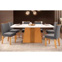 Conjunto: Mesa Sala Jantar Italia Tampo Madeirado c/ Vidro Curvo 170x90cm e 6 Cadeiras Julia Cedro/Off White - Suede Lunar - DJ Móveis Conjunto: Mesa Sala Jantar Italia Tampo Madeirado c/ Vidro Curvo 170x90cm e 6 Cadeiras Julia Cedro/Off White - Suede Lunar - DJ Móveis