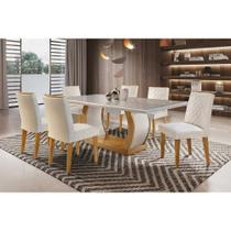 Conjunto: Mesa Sala Jantar Jade c/ Tampo Madeirado c/ Vidro Canto Curvo 180cm + 6 Cadeiras Jade Imbuia/Creme - Rufato Conjunto: Mesa Sala Jantar Jade c/ Tampo Madeirado c/ Vidro Canto Curvo 180cm + 6 Cadeiras Jade Imbuia/Creme - Rufato
