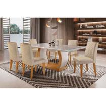 Conjunto: Mesa Sala Jantar Jade c/ Tampo Madeirado c/ Vidro Canto Curvo 180cm + 6 Cadeiras Jade Imbuia/Linho Bege - Rufato Conjunto: Mesa Sala Jantar Jade c/ Tampo Madeirado c/ Vidro Canto Curvo 180cm + 6 Cadeiras Jade Imbuia/Linho Bege - Rufato