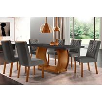 Conjunto: Mesa Sala Jantar Jade c/ Tampo Madeirado c/ Vidro Canto Curvo 180x90cm e 6 Cadeiras Jade Imbuia/Grafite - Linho Grafite - Rufato Conjunto: Mesa Sala Jantar Jade c/ Tampo Madeirado c/ Vidro Canto Curvo 180x90cm e 6 Cadeiras Jade Imbuia/Grafite - Linho Grafite - Rufato
