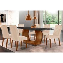 Conjunto: Mesa Sala Jantar Jade c/ Tampo Madeirado c/ Vidro Canto Curvo 180x90cm e 6 Cadeiras Jade Imbuia/Grafite - Suede Creme - Rufato Conjunto: Mesa Sala Jantar Jade c/ Tampo Madeirado c/ Vidro Canto Curvo 180x90cm e 6 Cadeiras Jade Imbuia/Grafite - Suede Creme - Rufato