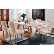 Conjunto: Mesa Sala Jantar Jade c/ Tampo Madeirado Canto Reto 180cm + 6 Cadeiras Jade Imbuia/Creme - Rufato Conjunto: Mesa Sala Jantar Jade c/ Tampo Madeirado Canto Reto 180cm + 6 Cadeiras Jade Imbuia/Creme - Rufato