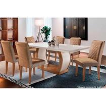 Conjunto: Mesa Sala Jantar Jade Tampo Madeirado 180cm Canto Reto + 6 Cadeiras Jade Imbuia/Chocolate - Rufato
