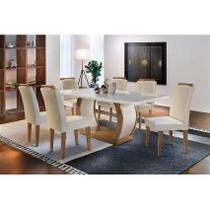 Conjunto: Mesa Sala Jantar Jade Tampo Madeirado c/ Vidro 180cm Canto Curvo + 6 Cadeiras Athenas Imbuia/Creme - Rufato Conjunto: Mesa Sala Jantar Jade Tampo Madeirado c/ Vidro 180cm Canto Curvo + 6 Cadeiras Athenas Imbuia/Creme - Rufato