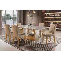Conjunto: Mesa Sala Jantar Jade Tampo Madeirado c/ Vidro 180cm Canto Reto + 6 Cadeiras Jade Imbuia/Chocolate - Rufato