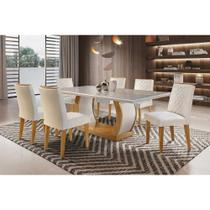 Conjunto: Mesa Sala Jantar Jade Tampo Madeirado c/ Vidro 180cm Canto Reto + 6 Cadeiras Jade Imbuia/Creme - Rufato Conjunto: Mesa Sala Jantar Jade Tampo Madeirado c/ Vidro 180cm Canto Reto + 6 Cadeiras Jade Imbuia/Creme - Rufato