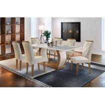 Conjunto: Mesa Sala Jantar Jade Tampo Madeirado c/ Vidro Canto Curvo 180cm + 6 Cadeiras Melissa Imbuia/Creme - Rufato Conjunto: Mesa Sala Jantar Jade Tampo Madeirado c/ Vidro Canto Curvo 180cm + 6 Cadeiras Melissa Imbuia/Creme - Rufato