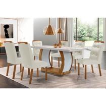 Conjunto: Mesa Sala Jantar Jade Tampo Madeirado c/ Vidro Canto Curvo 180x90 e 6 Cadeiras Imperatriz Imbuia/Off White - Suede Creme - Rufato