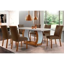 Conjunto: Mesa Sala Jantar Jade Tampo Madeirado c/ Vidro Canto Curvo 180x90 e 6 Cadeiras Jade Imbuia/Off White - Suede Marrom - Rufato Conjunto: Mesa Sala Jantar Jade Tampo Madeirado c/ Vidro Canto Curvo 180x90 e 6 Cadeiras Jade Imbuia/Off White - Suede Marrom - Rufato