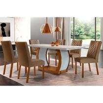 Conjunto: Mesa Sala Jantar Jade Tampo Madeirado c/ Vidro Canto Curvo 180x90 e 6 Cadeiras Jade Imbuia/Suede Capuccino - Rufato Conjunto: Mesa Sala Jantar Jade Tampo Madeirado c/ Vidro Canto Curvo 180x90 e 6 Cadeiras Jade Imbuia/Suede Capuccino - Rufato
